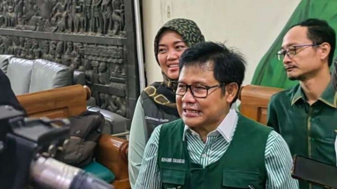 Ketua Umum Partai Kebangkitan Bangsa (PKB) Muhaimin Iskandar usai meluncurkan Lembaga Saksi Pemenangan Nasional PKB di kantor pusat partai itu, Jakarta Pusat, Senin, 21 November 2022.