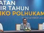 Menteri Koordinator Bidang Politik, Hukum, dan Keamanan Mahfud MD saat Penyampaian Catatan Akhir Tahun Menko Polhukam di Kantor Kemenko Polhukam, Jakarta, Kamis, 15 Desember 2022.