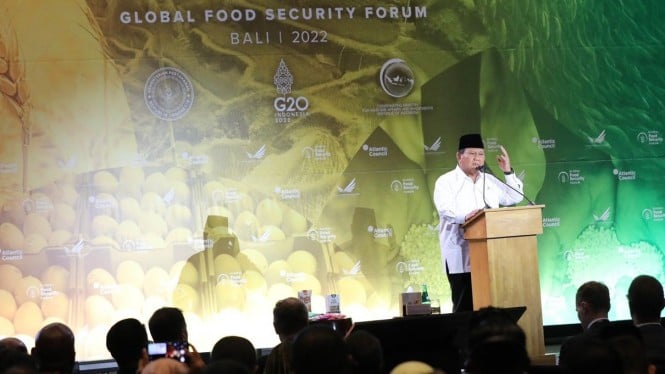 Menhan sekaligus Ketum Gerindra Prabowo Subianto saat acara Global Food Security Forum di Bali.