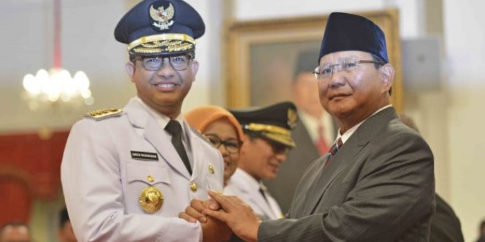 Prabowo Subianto saat menghadiri pelantikan Anies Baswedan jadi Gubernur DKI Jakarta.