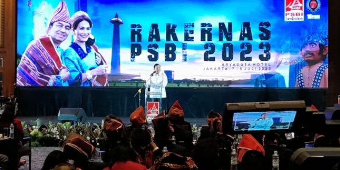 Menhan Prabowo Subianto saat rakernas Marga Simbolon di Jakarta.
